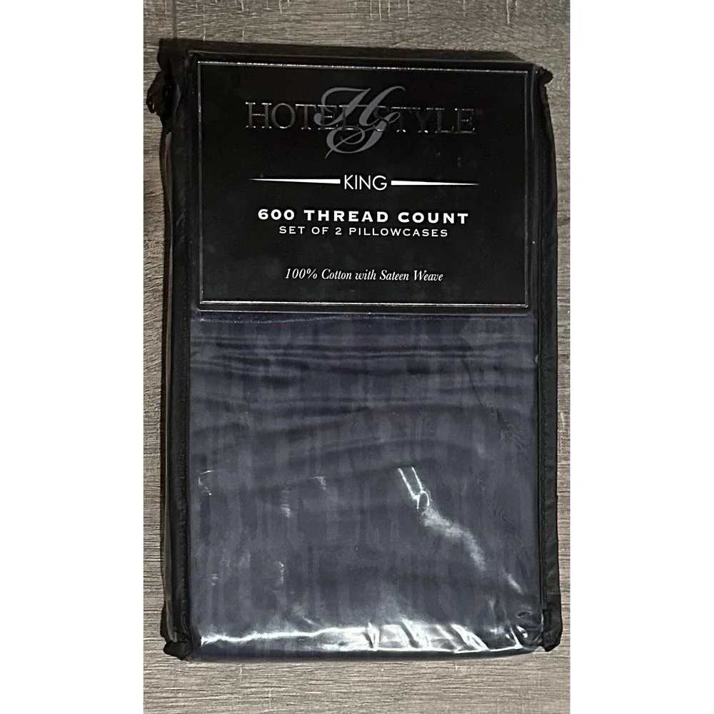New Hotel Style 600 Thread Navy Tonal Cotton Sateen-Weave Pillowcase, 2-King